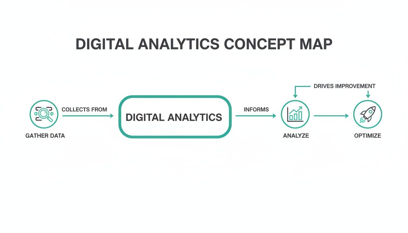 A concept map showing the Digital Analytics process: gather data, analyze, and optimize.
