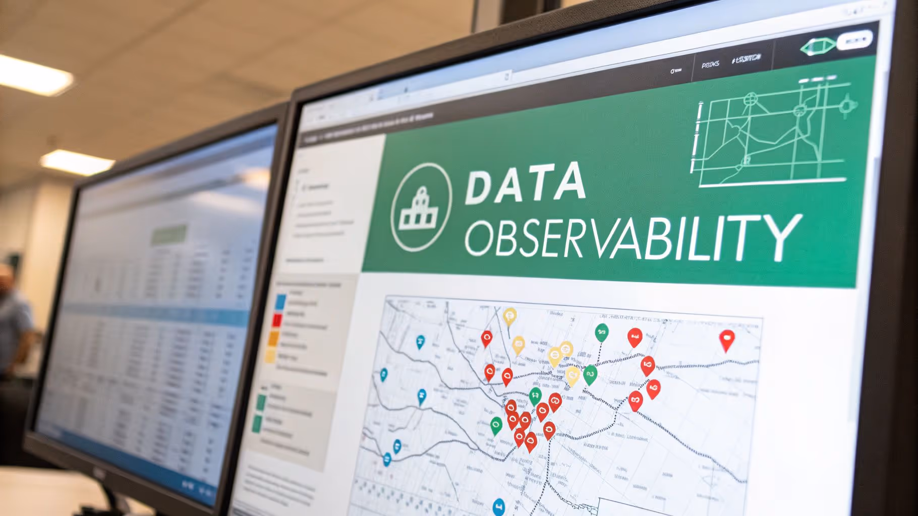 Two monitors display a 'DATA OBSERVABILITY' dashboard with a map and data points in an office setting.