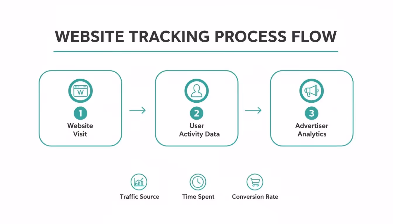 Flowchart illustrating the website tracking process, from user visit to advertiser analytics and key metrics.