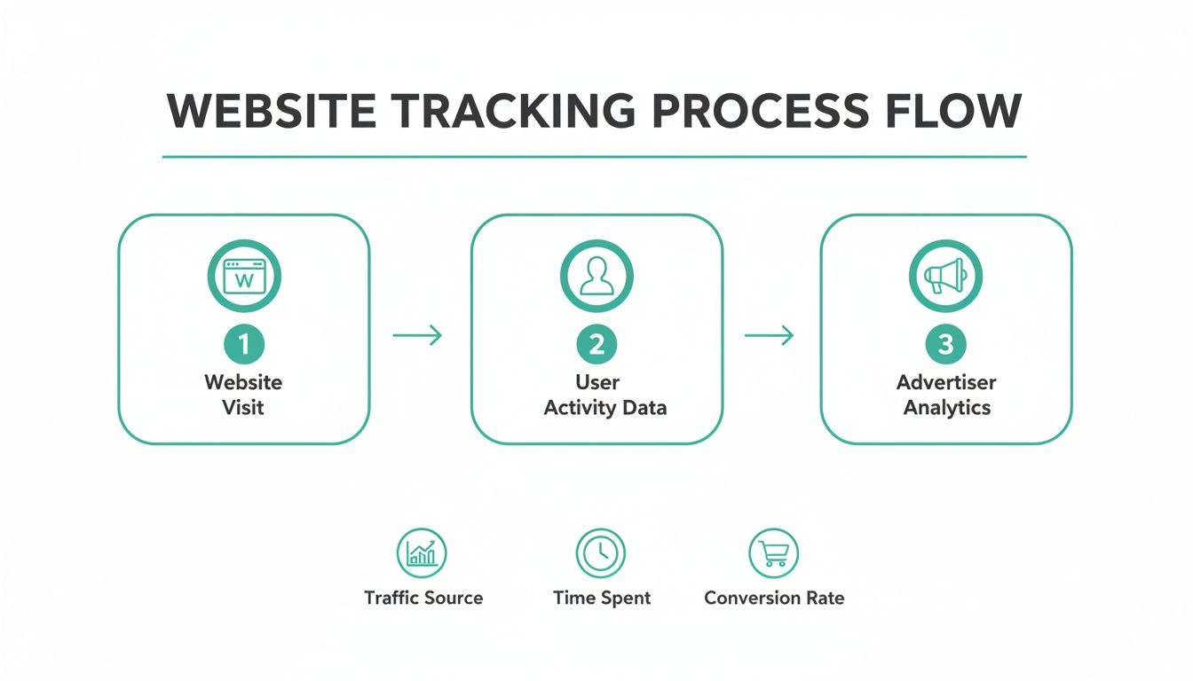 Flowchart illustrating the website tracking process, from user visit to advertiser analytics and key metrics.