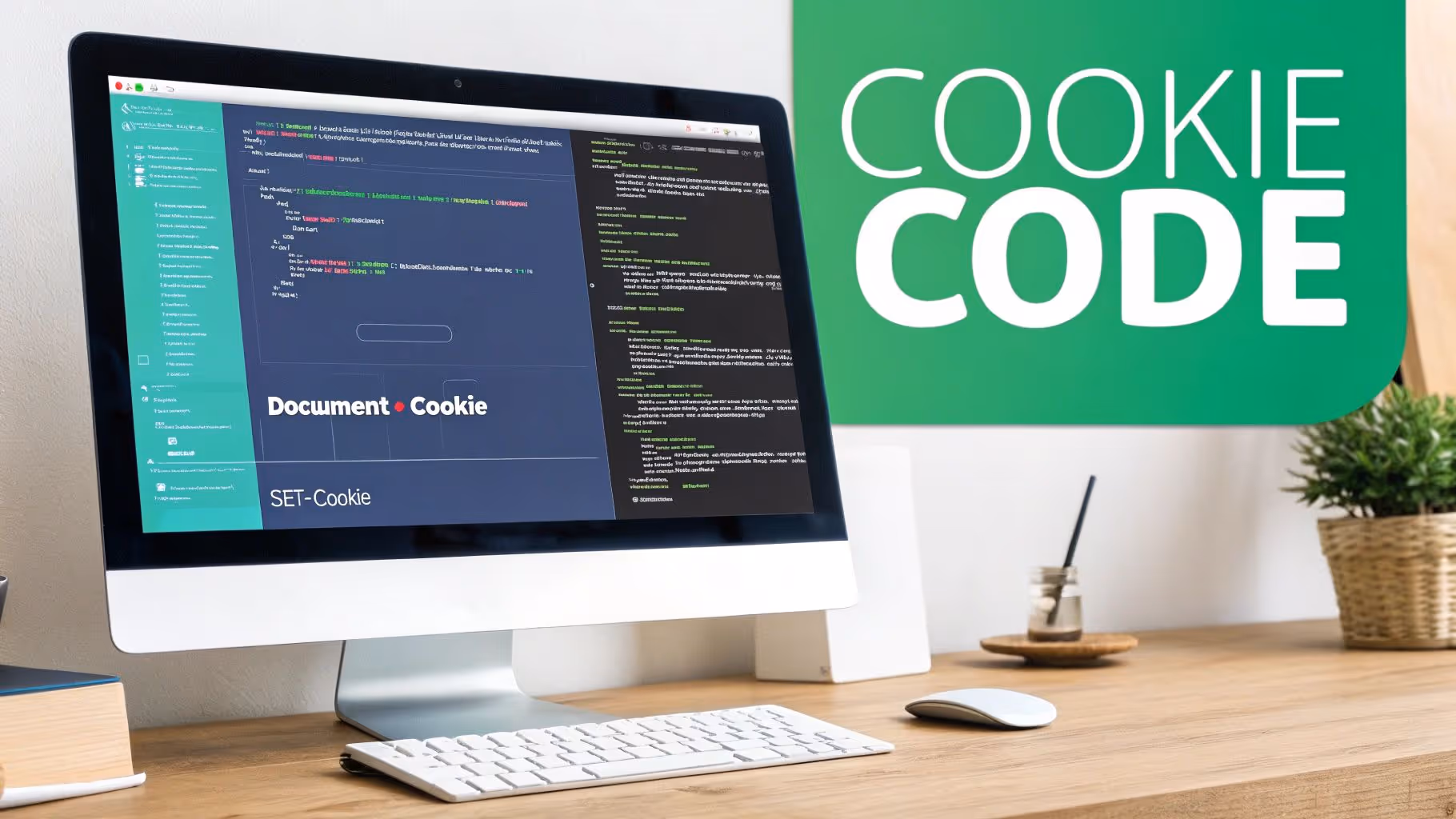 A desktop computer displays web cookie code examples with 'COOKIE CODE' on a green background.