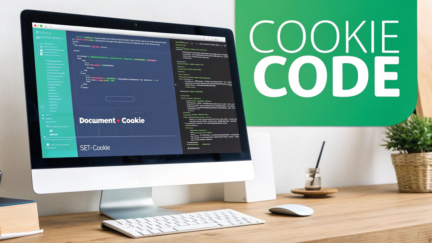 A desktop computer displays web cookie code examples with 'COOKIE CODE' on a green background.