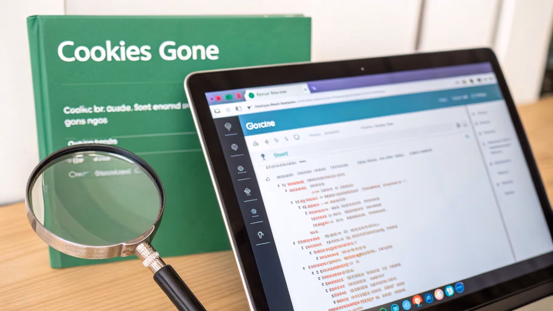 A green book titled "Cookies Gone" next to a laptop displaying data, with a magnifying glass.