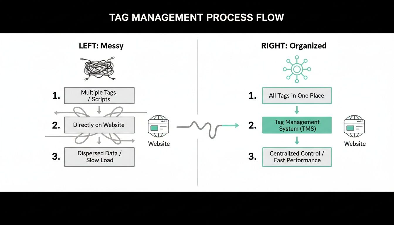 Diagram illustrating messy tag management versus an organized tag management system (TMS) for websites.