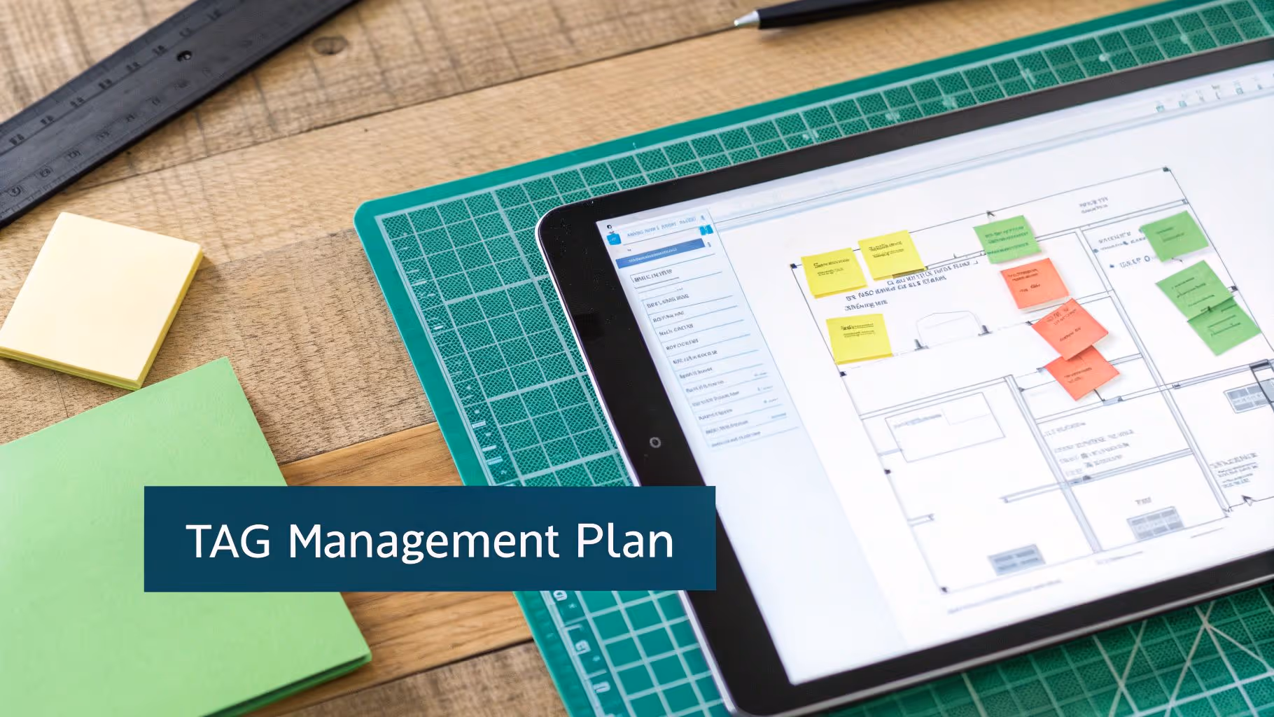 Overhead view of a workspace with a tablet displaying a diagram, sticky notes, and a 'TAG Management Plan' overlay.