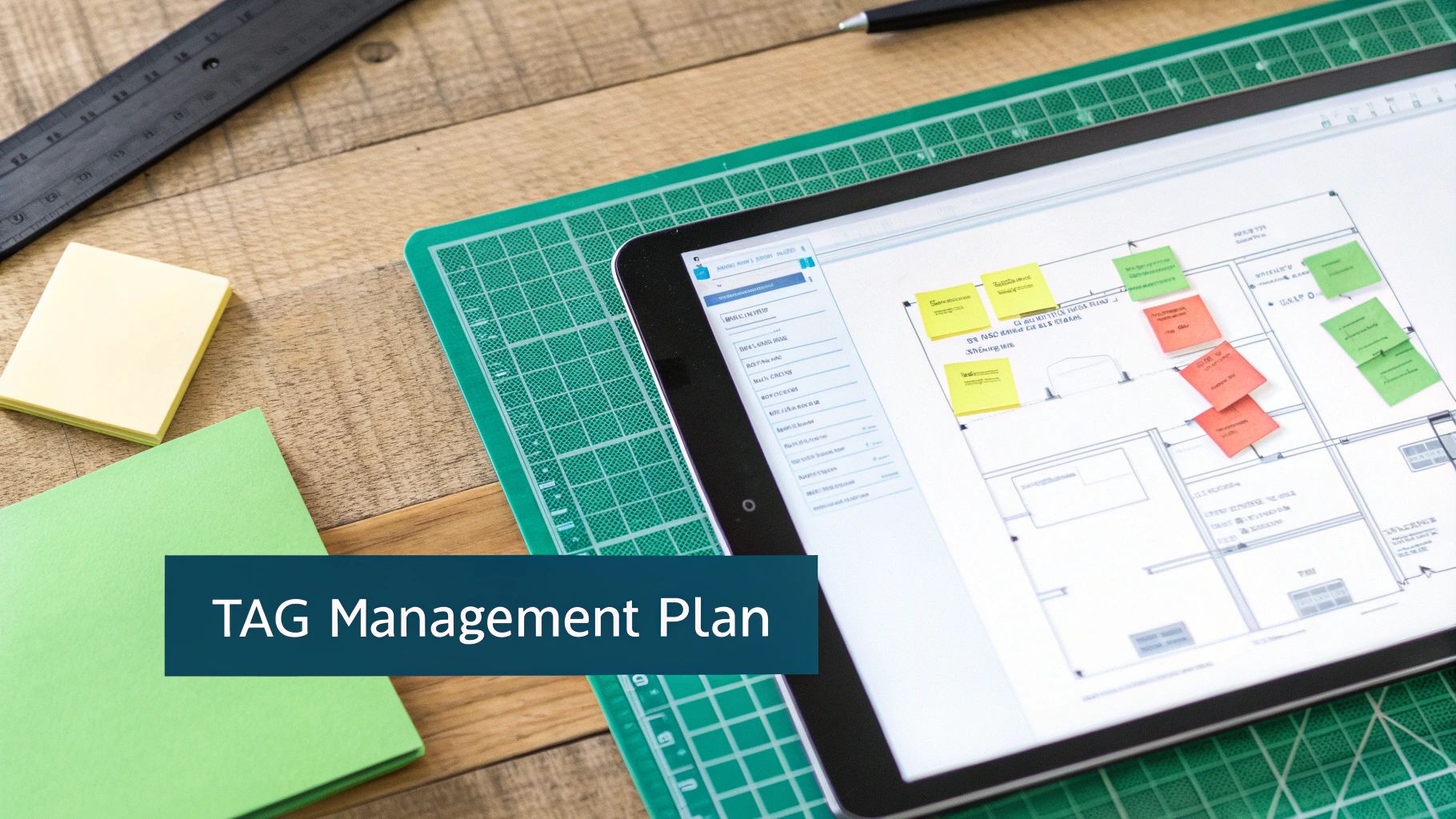 Overhead view of a workspace with a tablet displaying a diagram, sticky notes, and a 'TAG Management Plan' overlay.