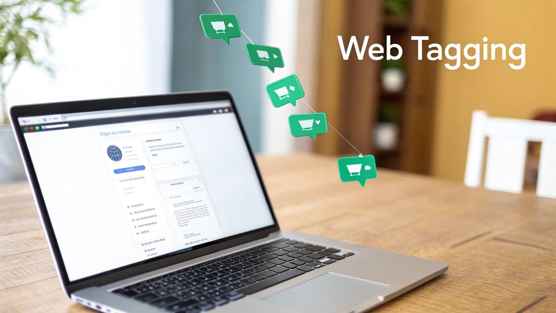A laptop on a wooden desk displays a webpage, with green shopping cart icons illustrating web tagging.