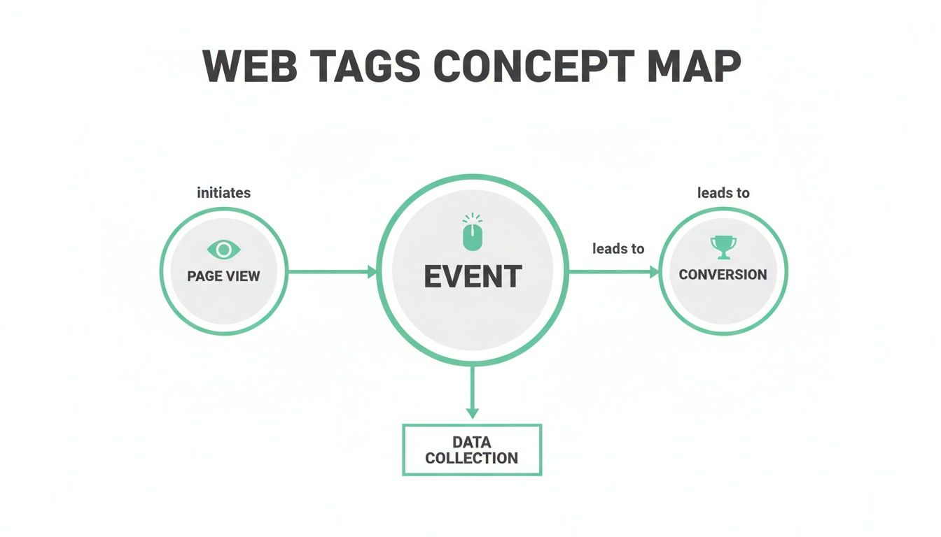 A concept map illustrating the web tags process, showing page views initiating events, leading to conversion and data collection.