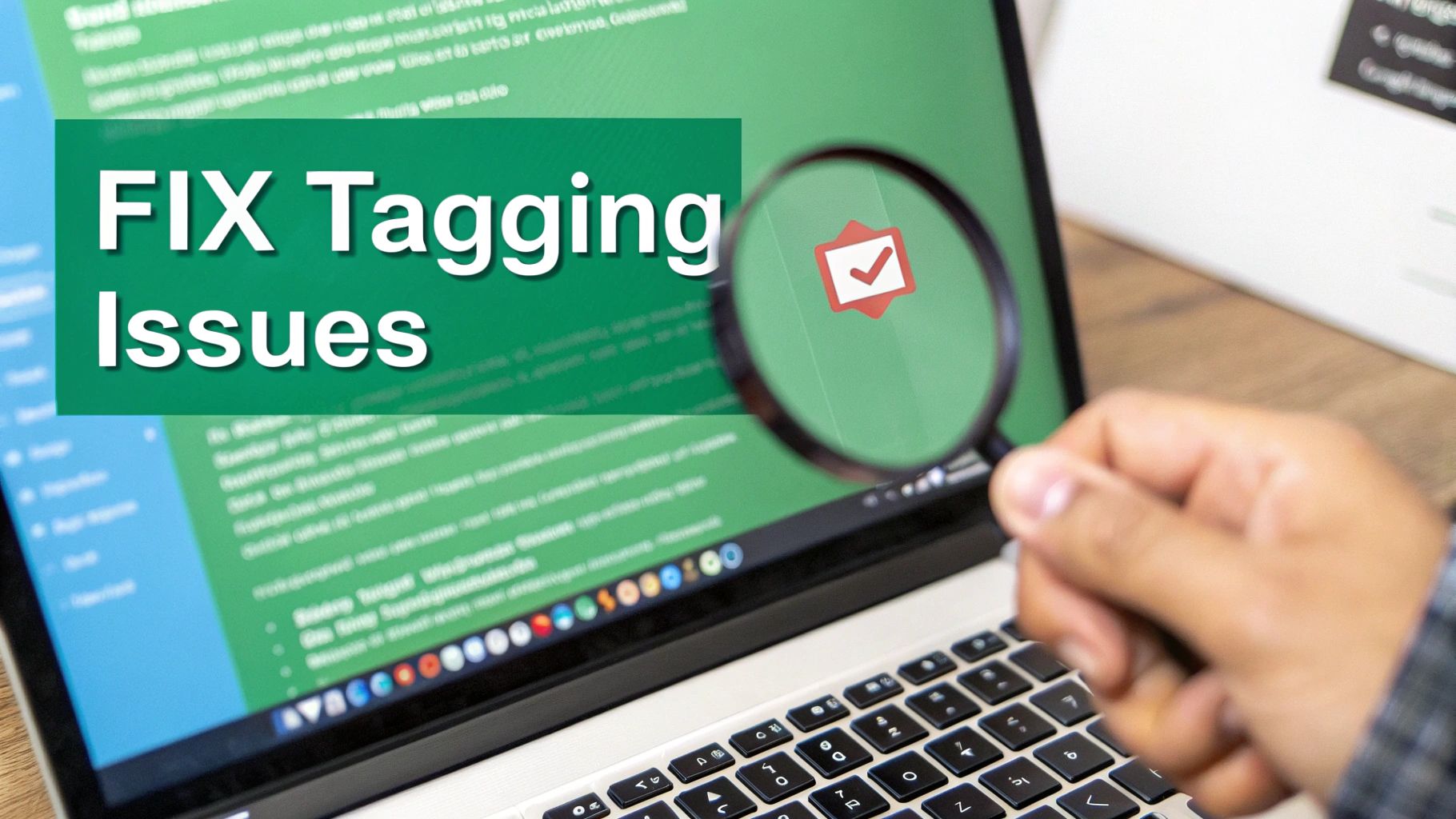 A person holds a magnifying glass over a laptop screen displaying 'FIX Tagging Issues' and a checklist icon.