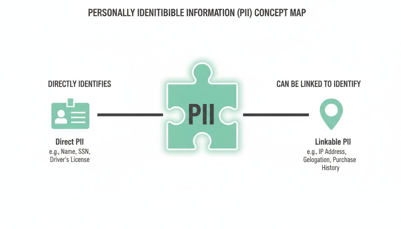 A concept map showing PII categorized into direct and linkable types with examples.