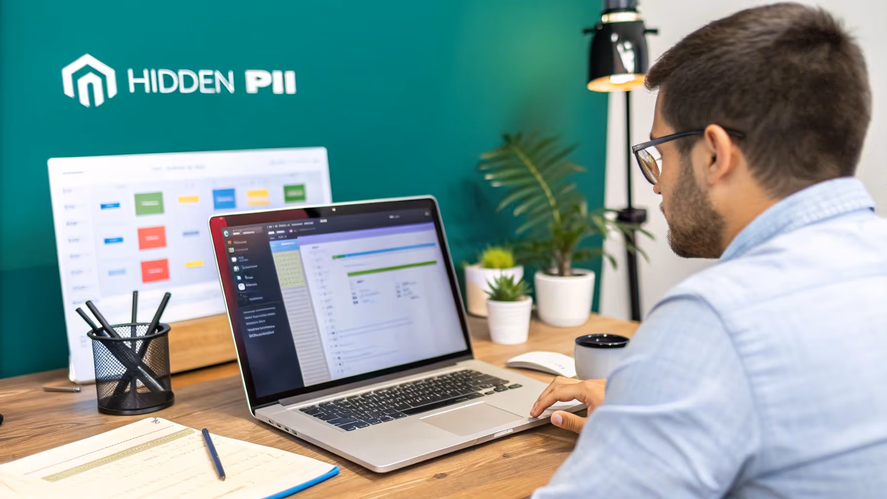 A man works on a laptop at a modern desk with "HIDDEN PII" branding on the green wall.