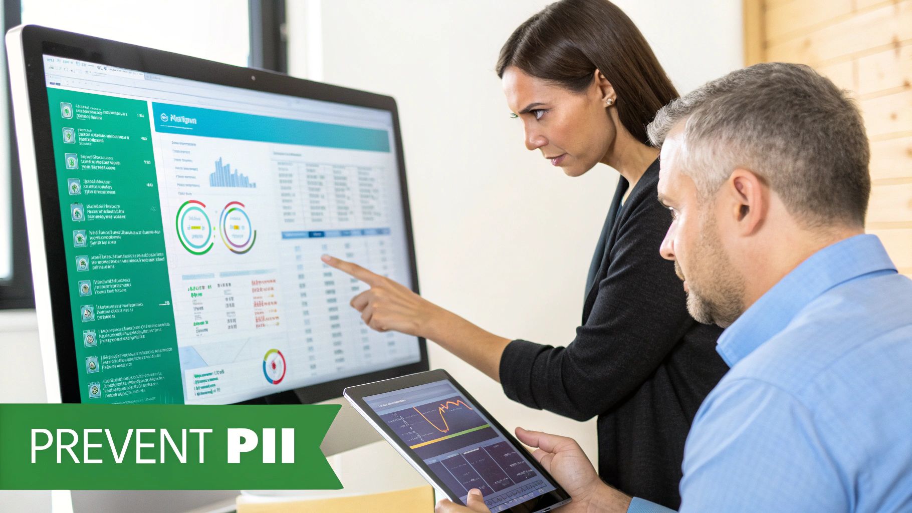 Two business professionals analyzing data on a computer screen and a tablet, with a focus on PII prevention.