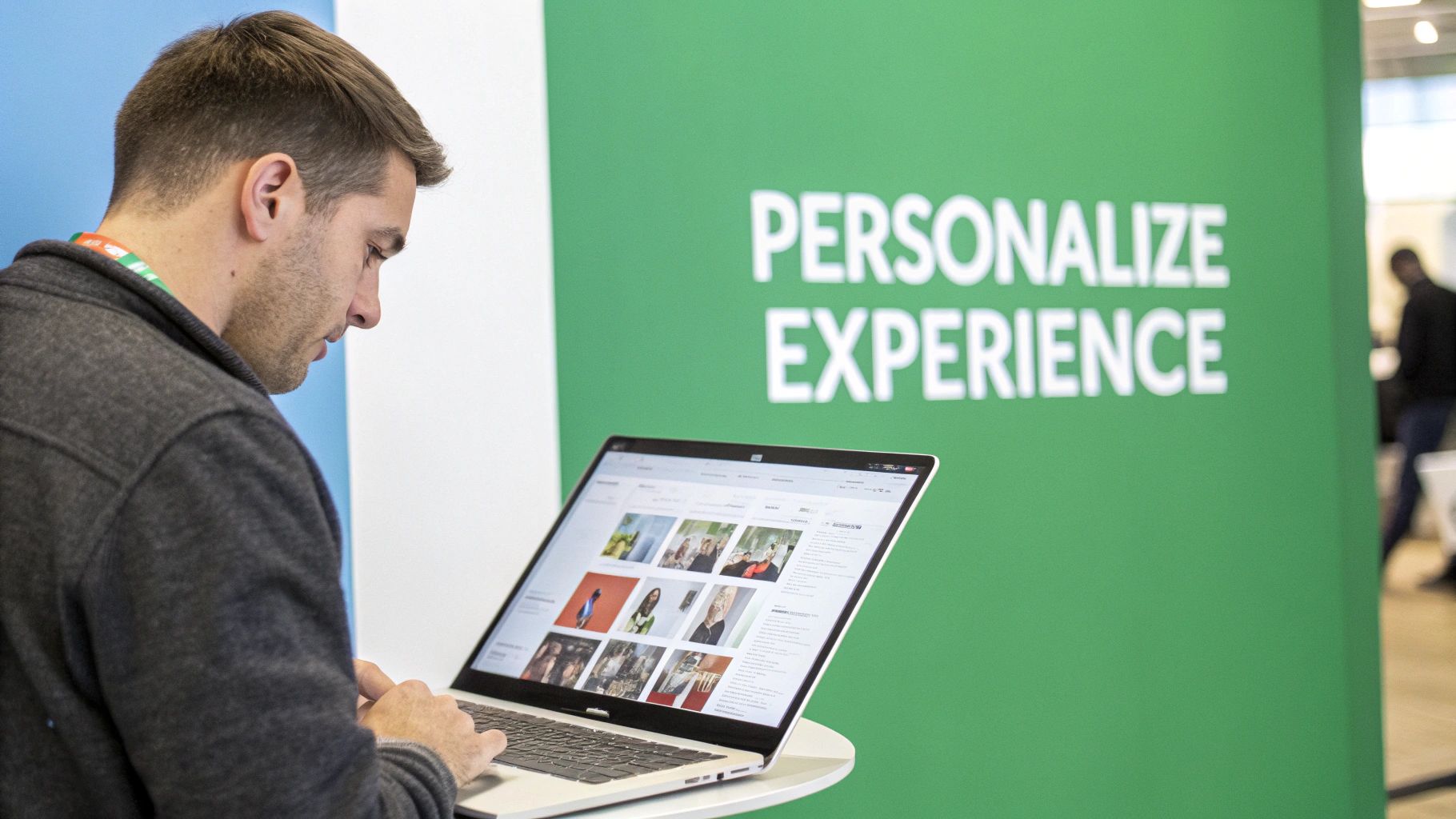 A man intently typing on a laptop displaying a content grid, next to a green "Personalize Experience" sign.