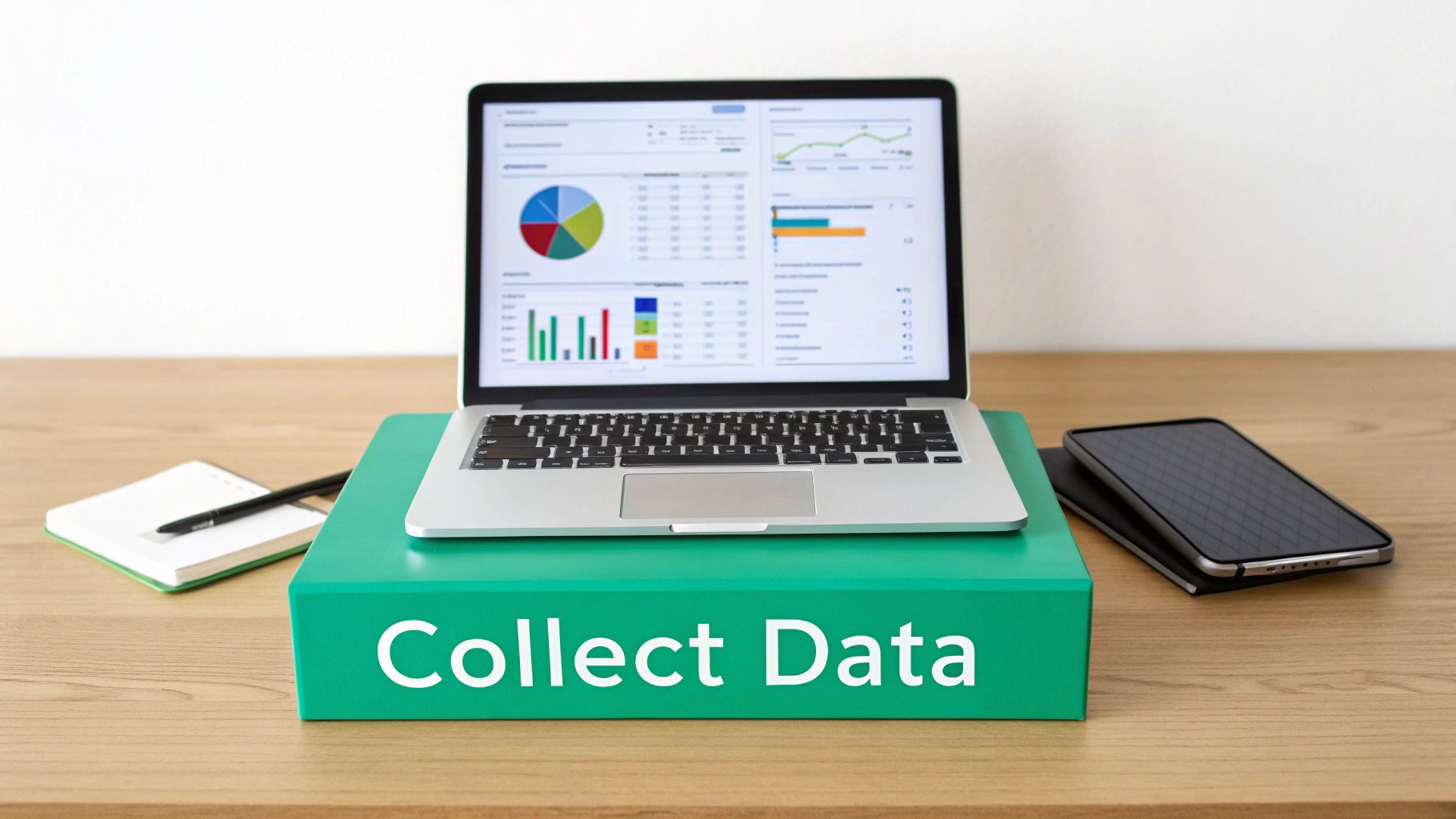 A laptop on a green stand displaying data visualizations, with 'Collect Data' text, next to a notebook and smartphone.