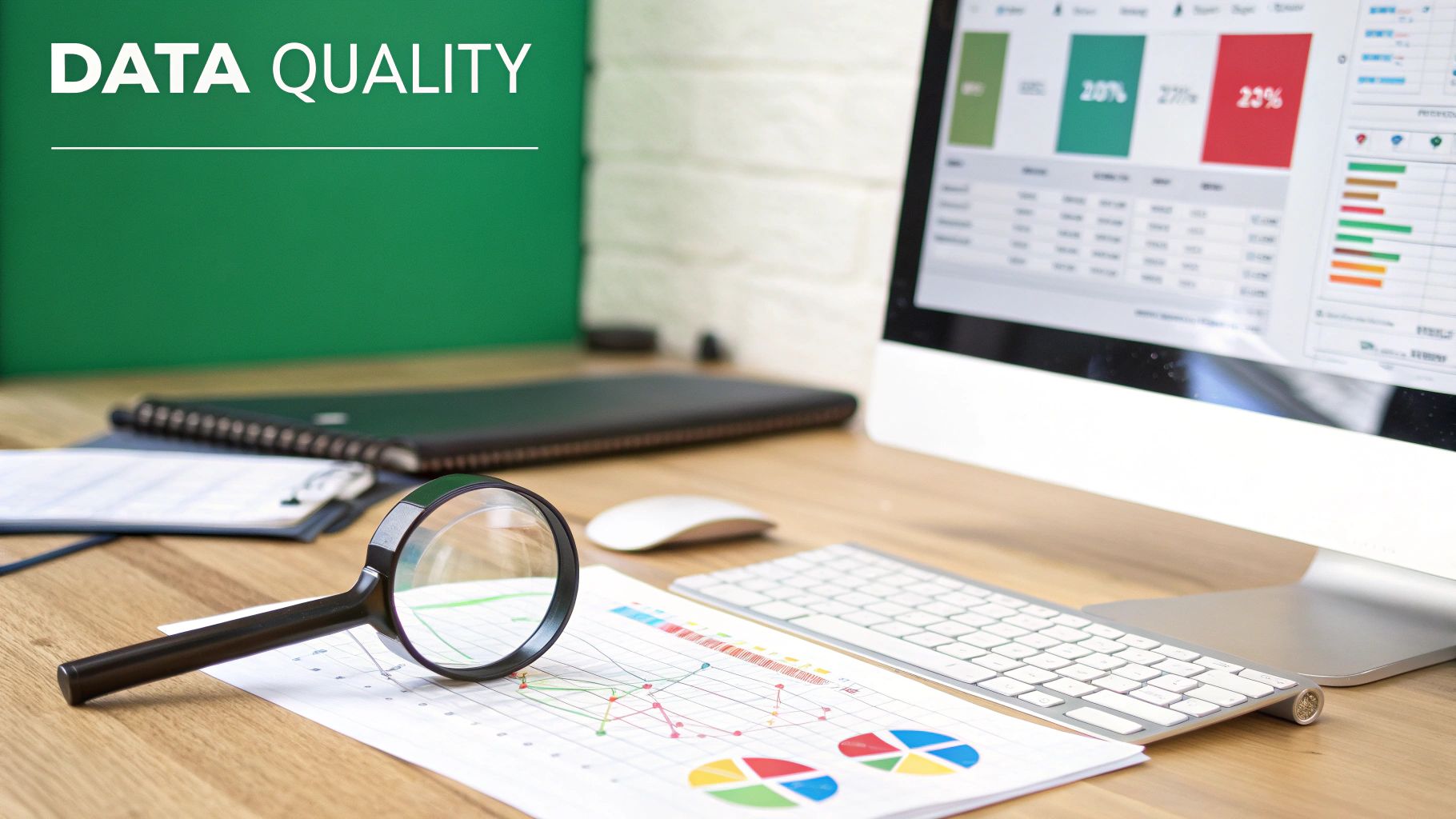 A desk with a computer displaying data charts, a magnifying glass on a graph, and 'DATA QUALITY' text.