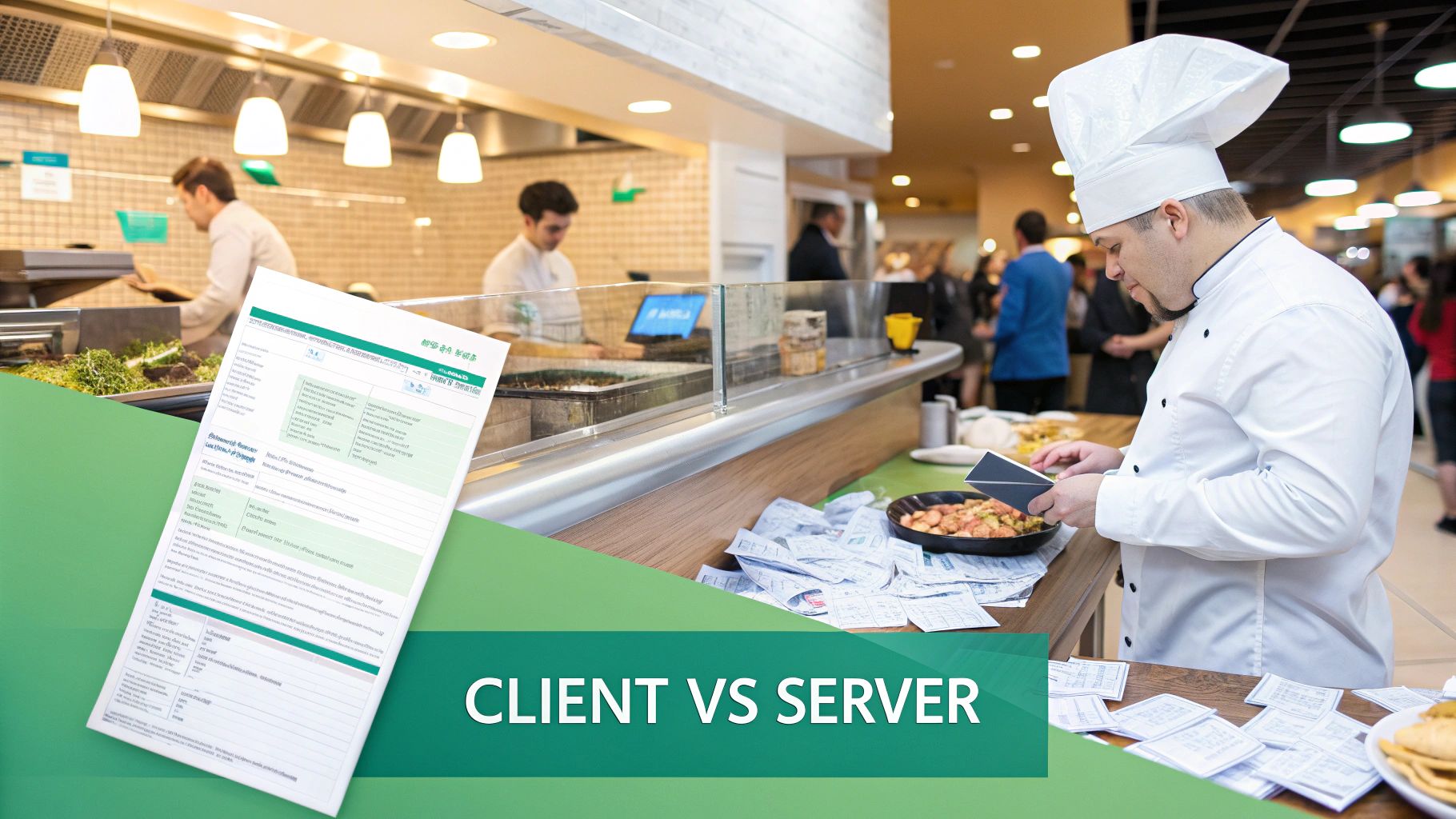 A chef in a busy kitchen with many order slips, alongside an overlay reading 'CLIENT VS SERVER'.