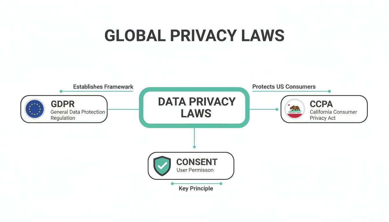 Diagram illustrating global data privacy laws, including GDPR and CCPA, with consent as a key principle.