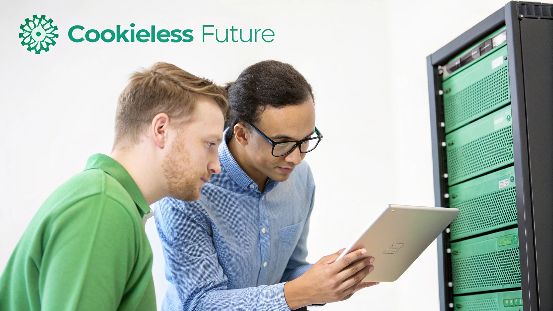 Two men, one wearing glasses, collaboratively examining a tablet in front of a green server rack.