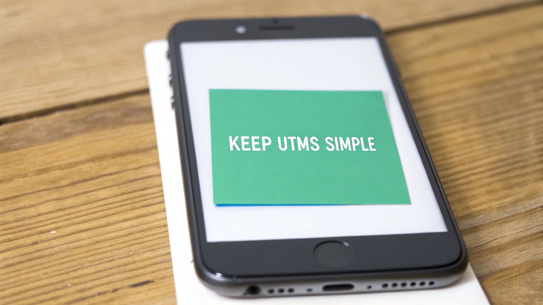 A smartphone on a wooden table displays a green card with the white text 'KEEP UTMS SIMPLE'.