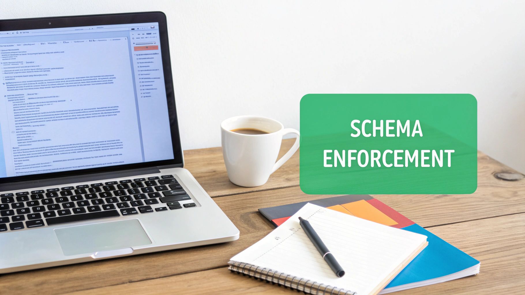 A laptop, coffee mug, and notebooks on a wooden desk, with 'SCHEMA ENFORCEMENT' text overlay.