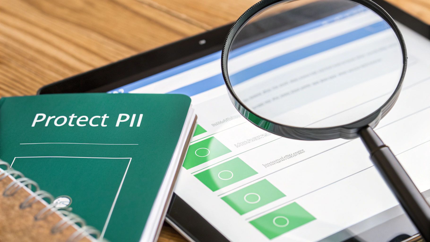 A 'Protect PII' notebook, tablet with a form, and a magnifying glass on a wooden desk.