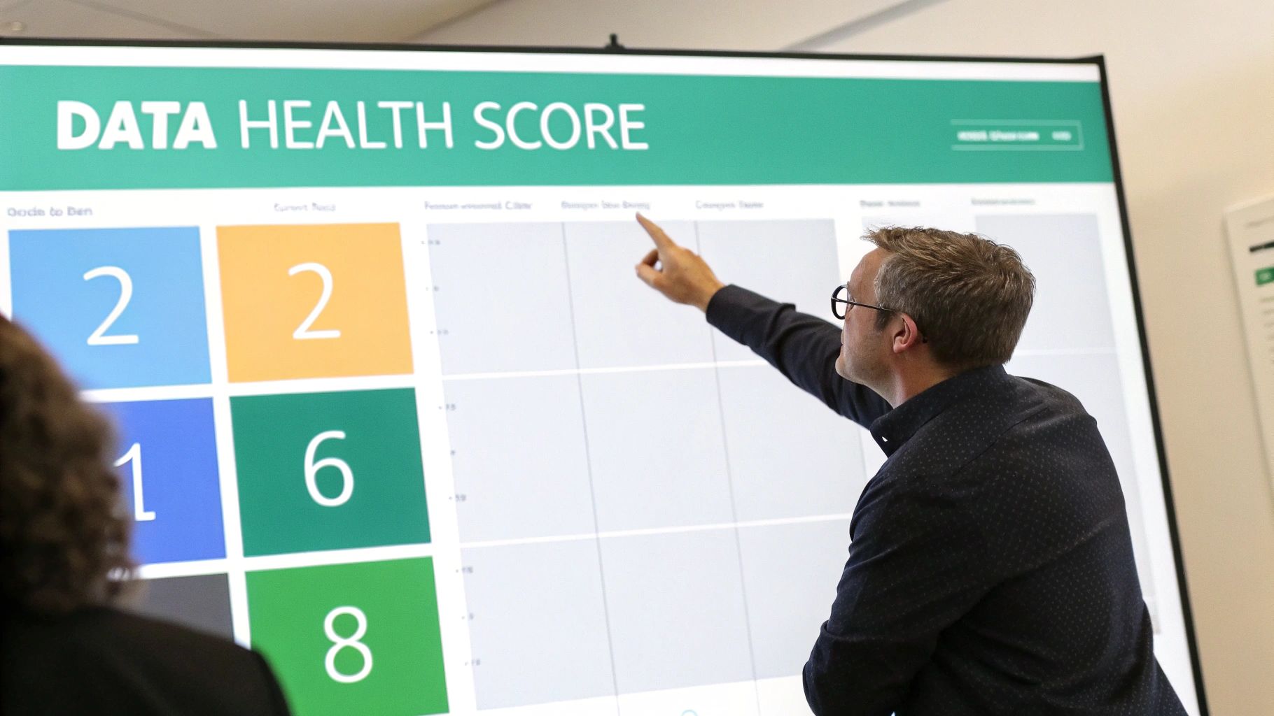 A man points at a large screen displaying a 'DATA HEALTH SCORE' dashboard in a meeting.