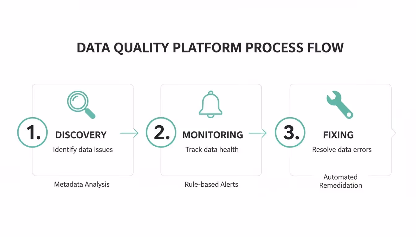A data quality platform process flow illustrating three key steps: discovery, monitoring, and fixing data issues.