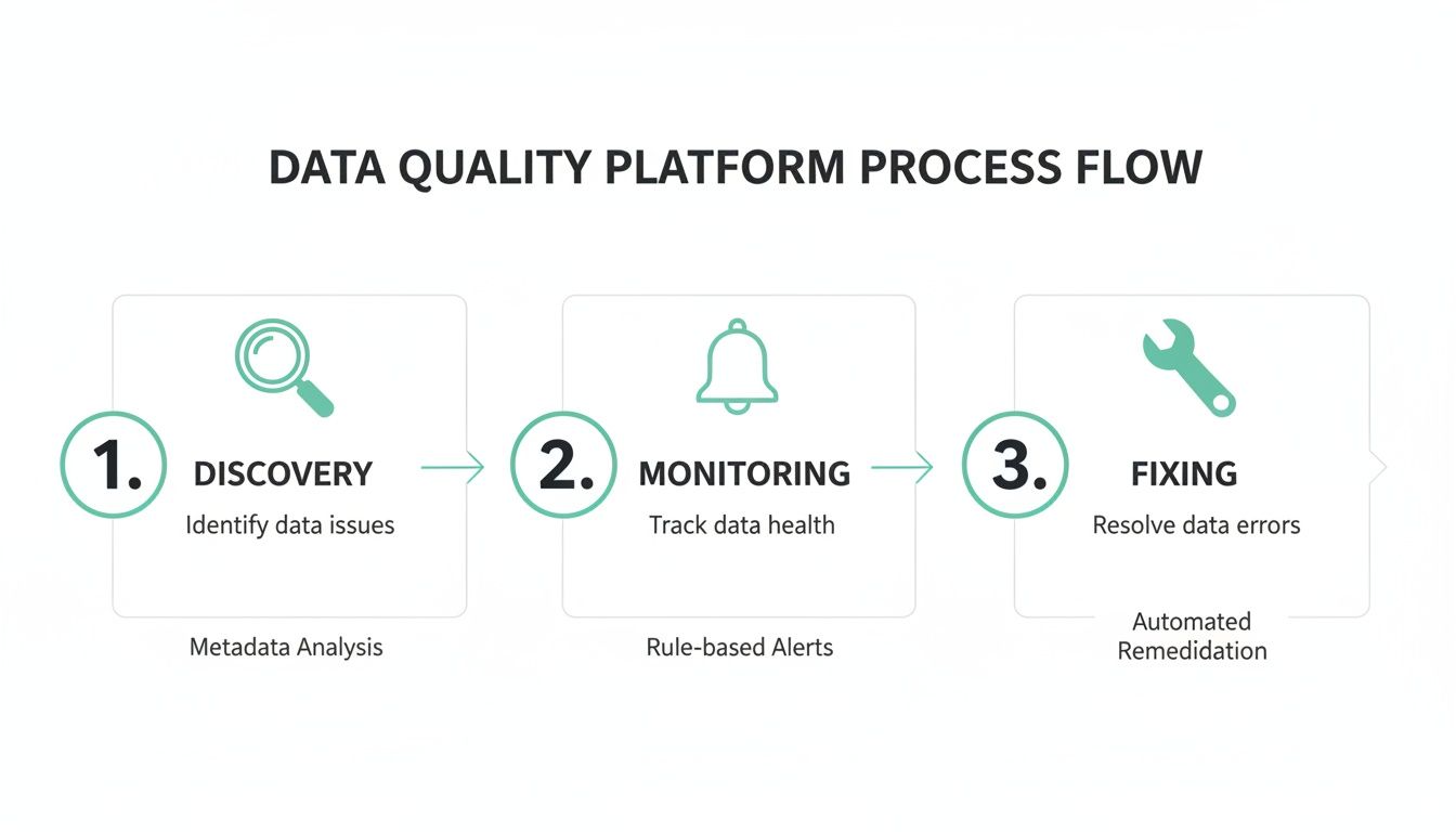 A data quality platform process flow illustrating three key steps: discovery, monitoring, and fixing data issues.