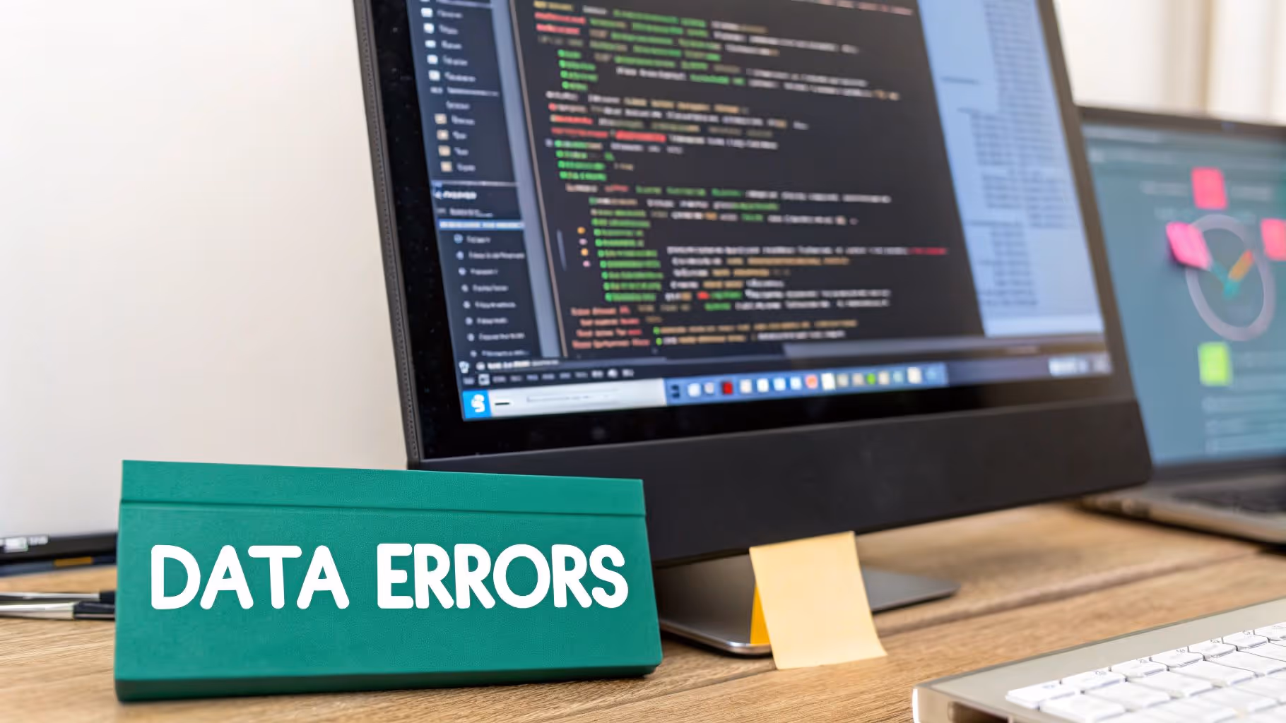 A green sign saying 'DATA ERRORS' on a desk with a computer displaying code.