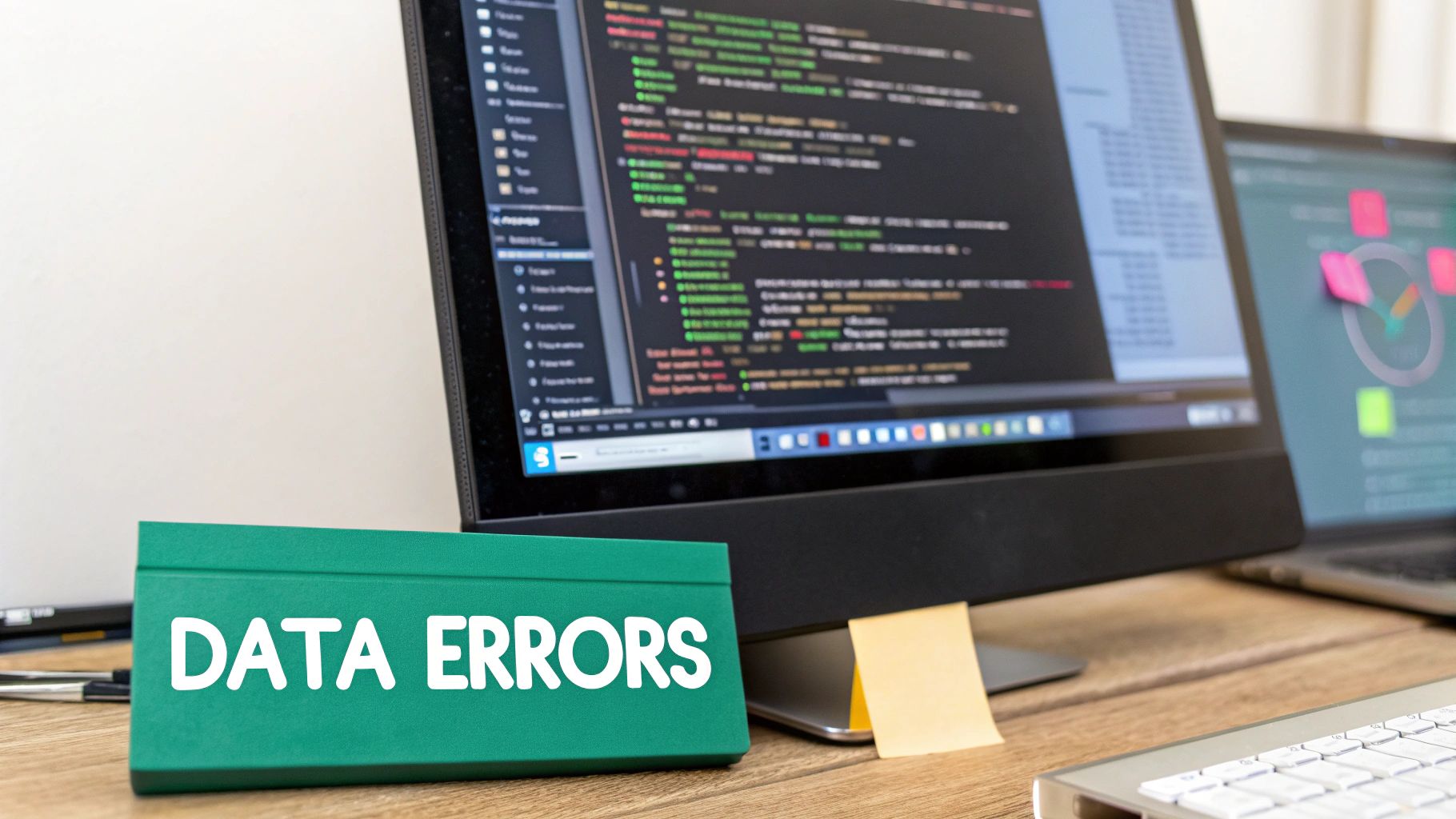 A green sign saying 'DATA ERRORS' on a desk with a computer displaying code.
