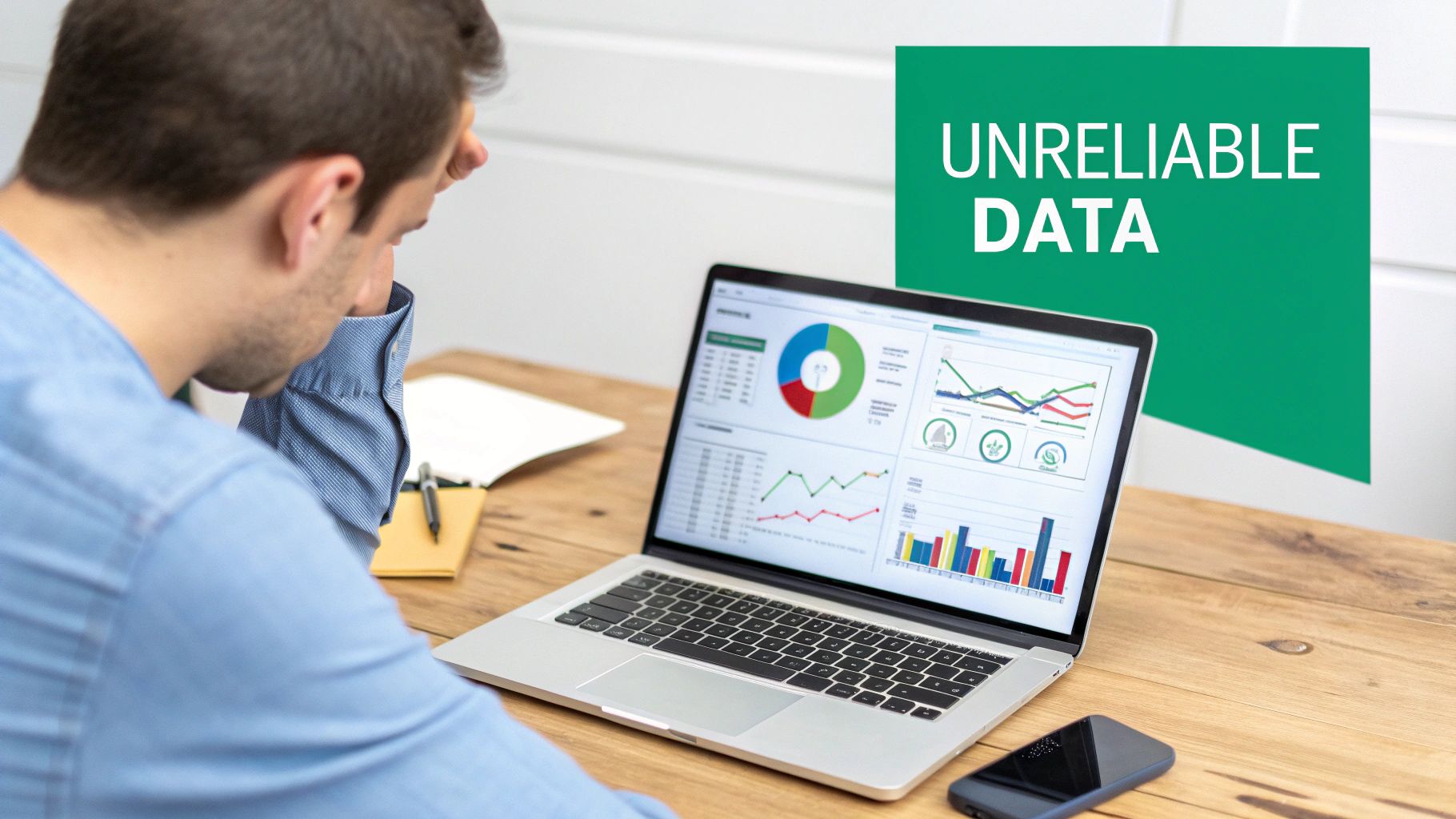 A man looking frustrated at his laptop screen displaying charts and graphs with unreliable data.