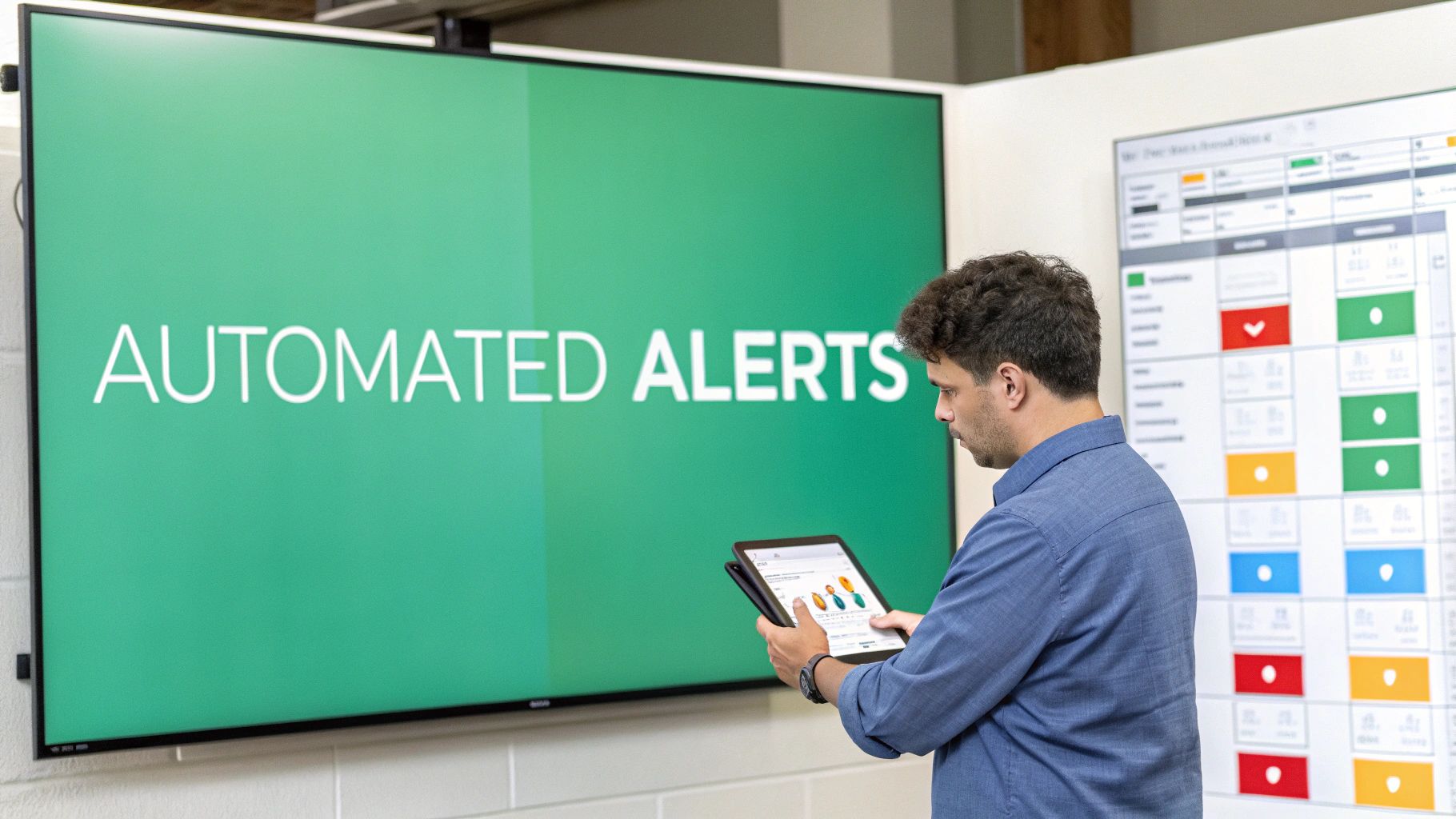A man views a tablet displaying data charts in front of a large screen showing 'AUTOMATED ALERTS'.