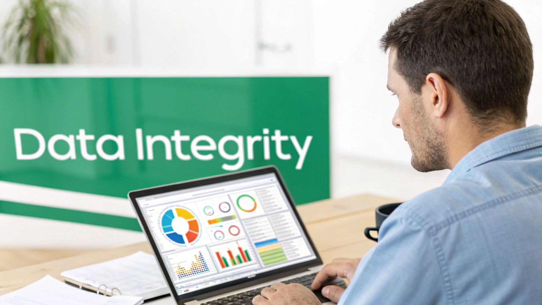 A man analyzing data on a laptop, with a prominent 'Data Integrity' sign in the background.