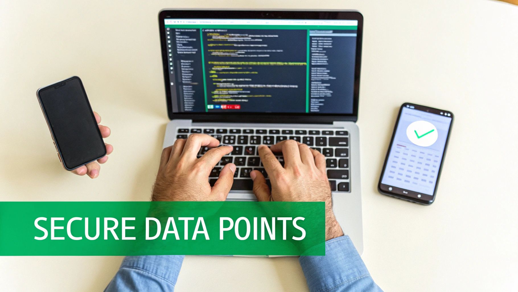 Hands typing code on a laptop, surrounded by two smartphones, illustrating secure data points.
