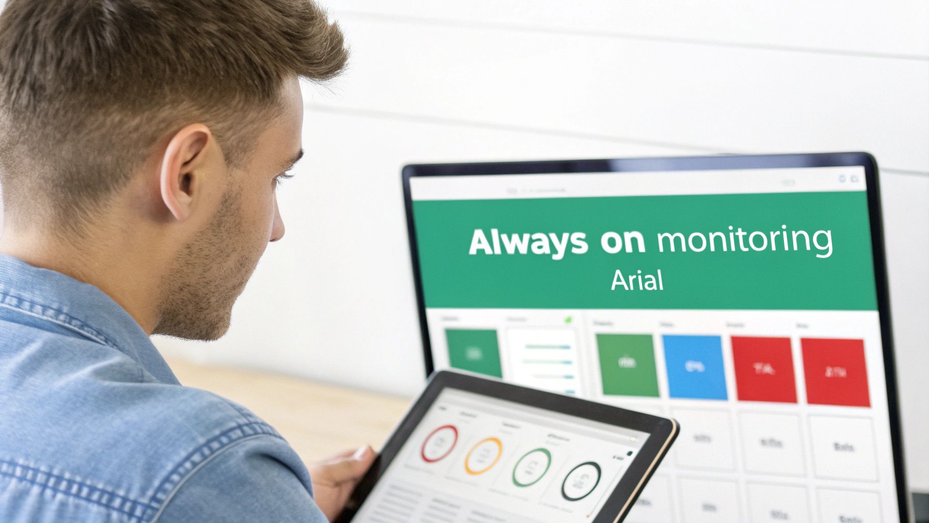 Man monitoring data on a laptop and tablet displaying 'Always on monitoring' dashboards.