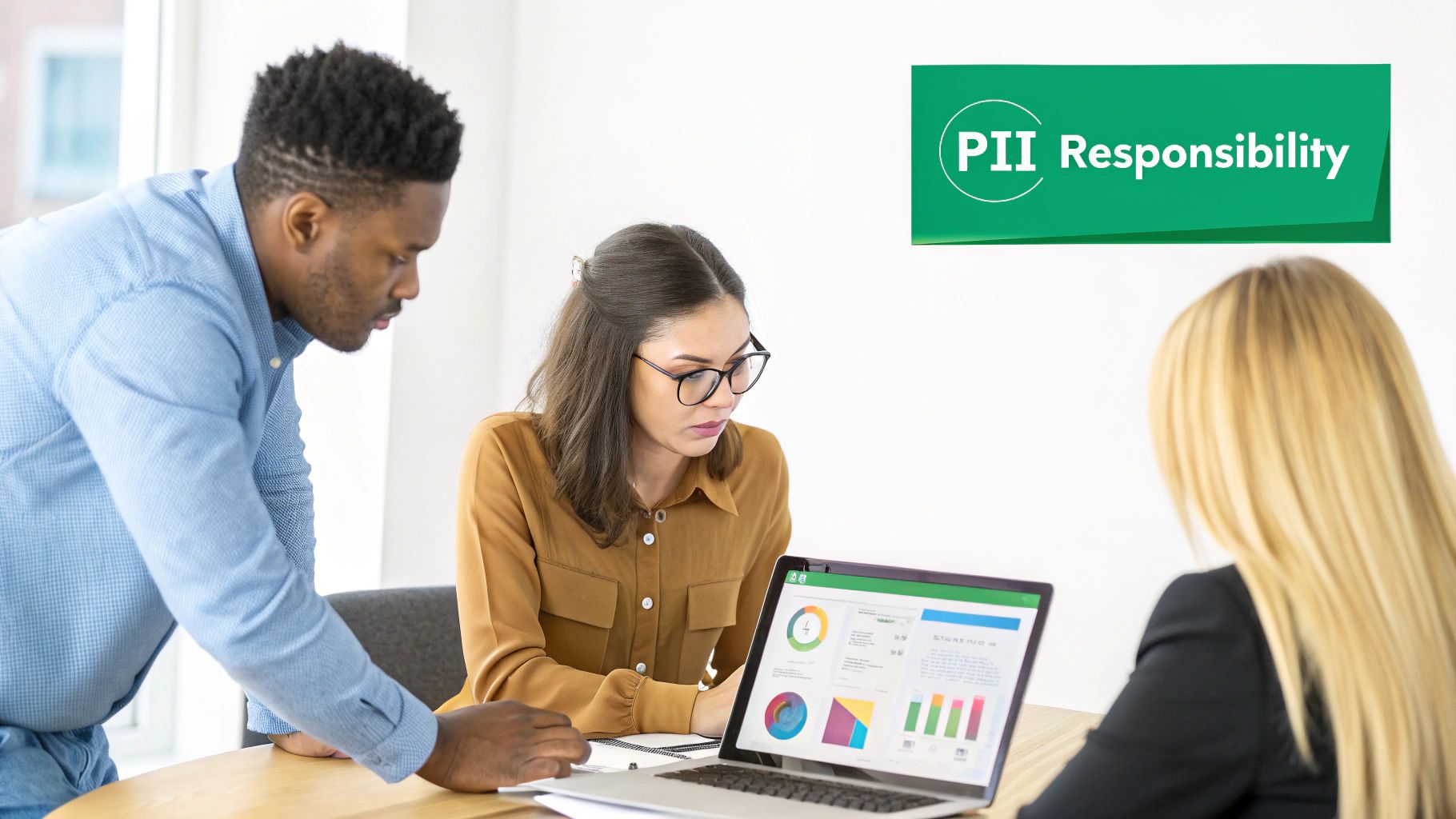 Three diverse colleagues analyze data charts on a laptop during an office meeting.