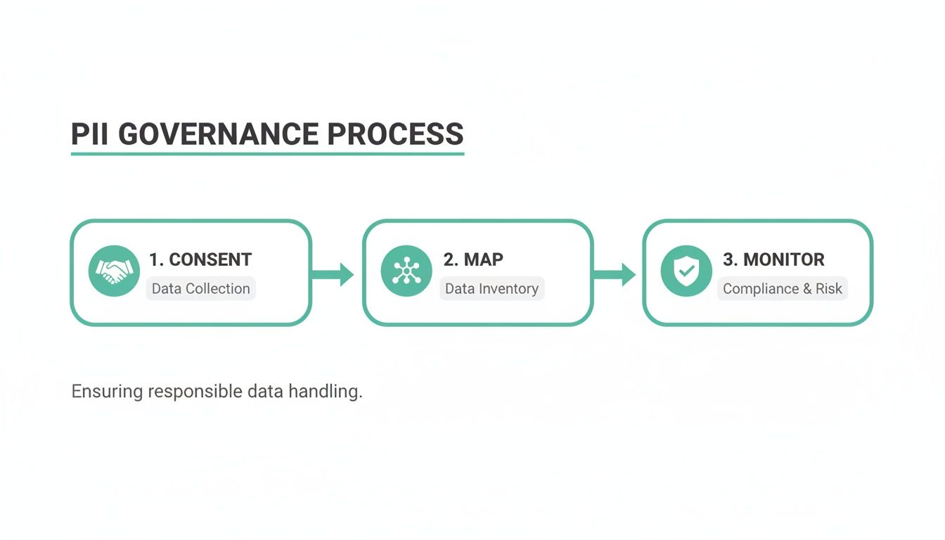 A flowchart illustrating the PII Governance Process with three steps: Consent, Map, and Monitor for data handling.