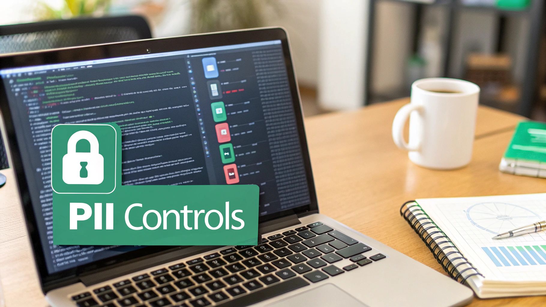 A laptop showing 'PII Controls' with a lock icon, code, coffee, and a notebook on a desk.