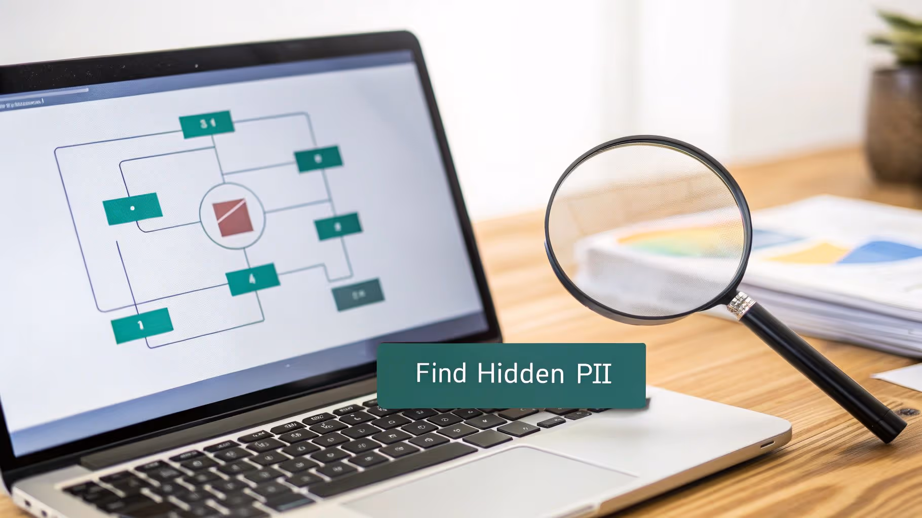 A laptop displays a data flow diagram, with a magnifying glass and "Find Hidden PII" text.