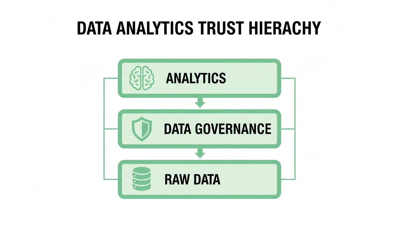 A diagram illustrating the Data Analytics Trust Hierarchy, from Analytics to Data Governance to Raw Data.