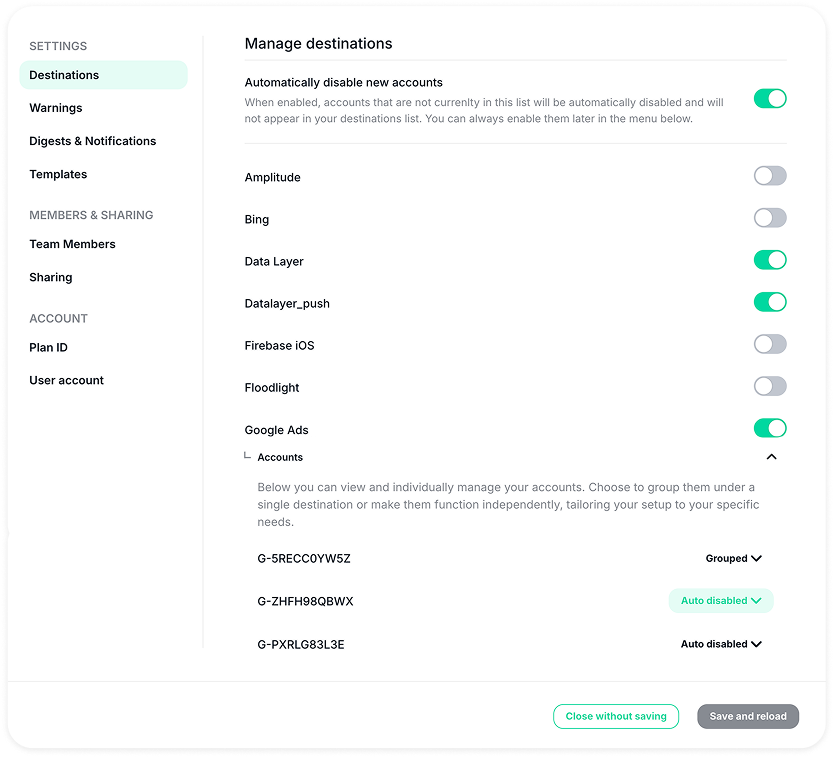 Automatically disable new destinations