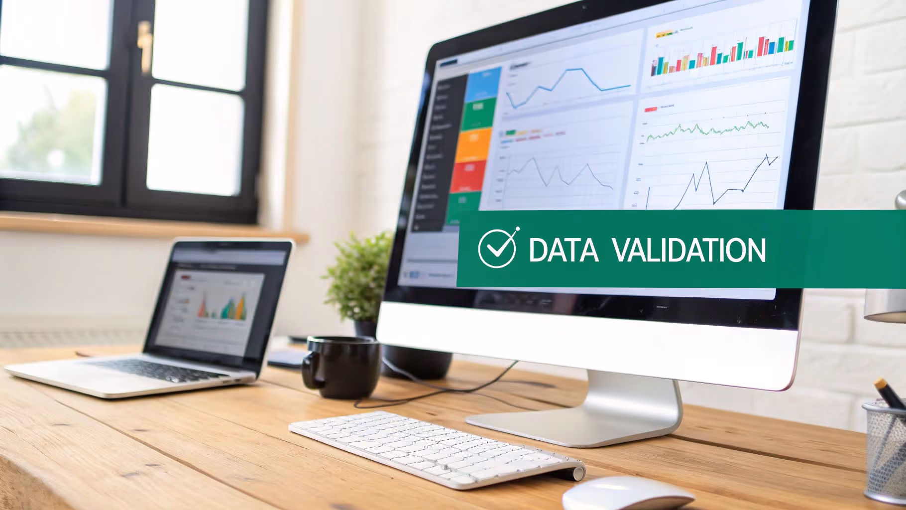 A clean wooden desk with a laptop and a large monitor displaying data validation dashboards.