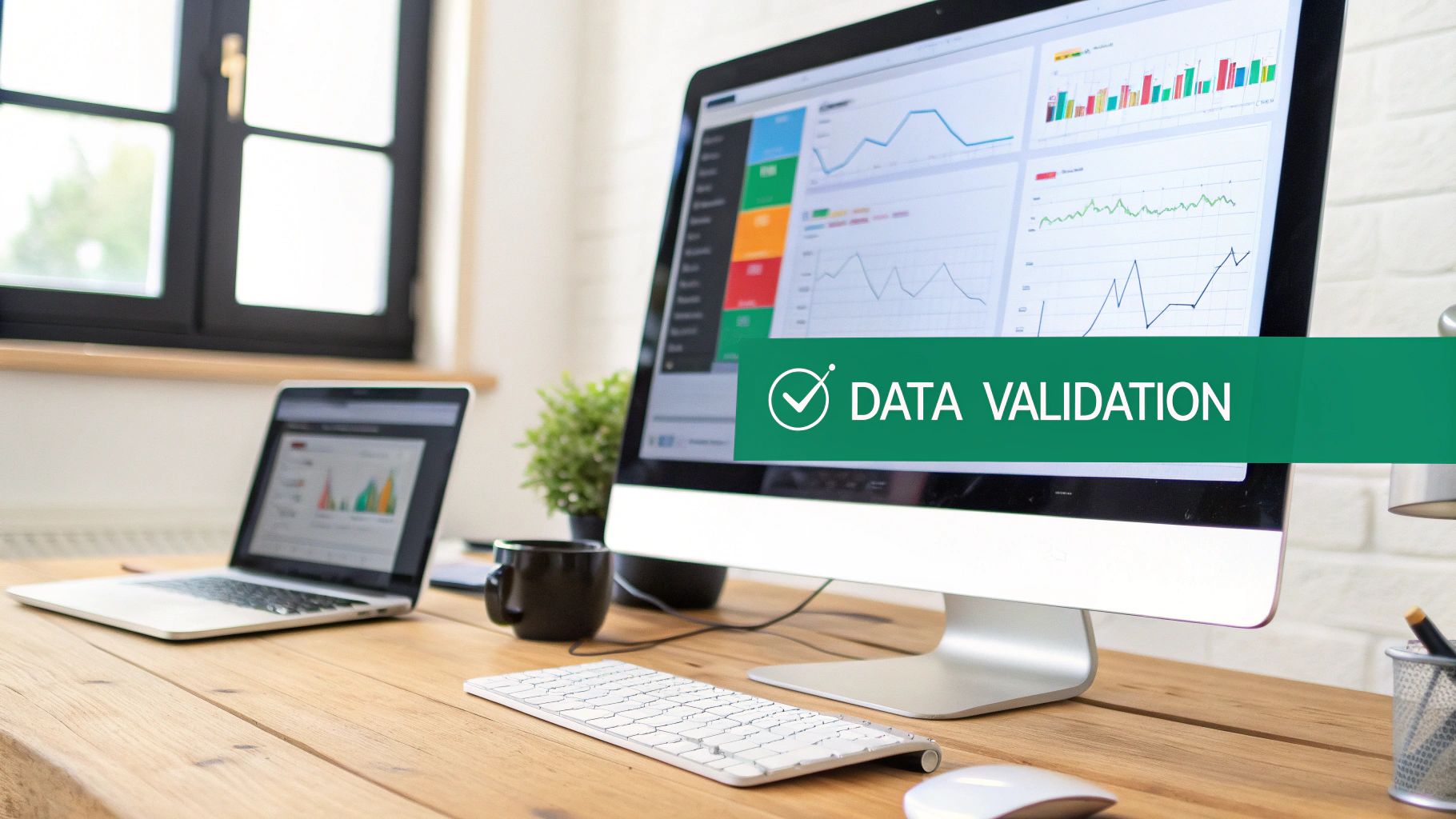 A clean wooden desk with a laptop and a large monitor displaying data validation dashboards.
