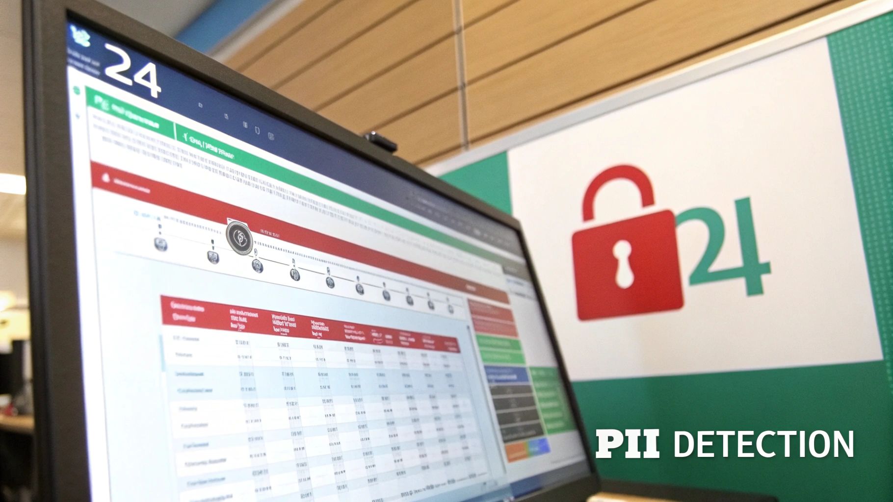 A computer screen showing a data dashboard with a red padlock '24 PII DETECTION' sign in the background.