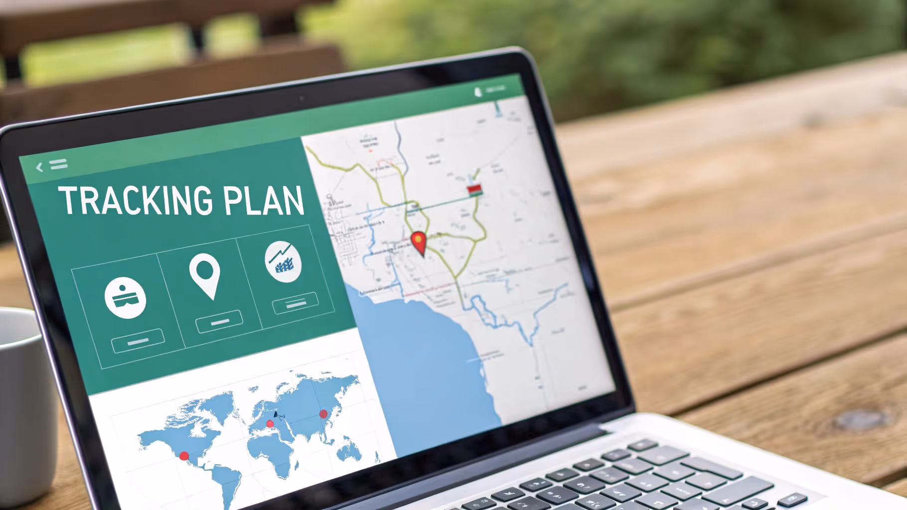 A laptop screen displaying a 'Tracking Plan' interface with maps, location pins, and data visualizations.