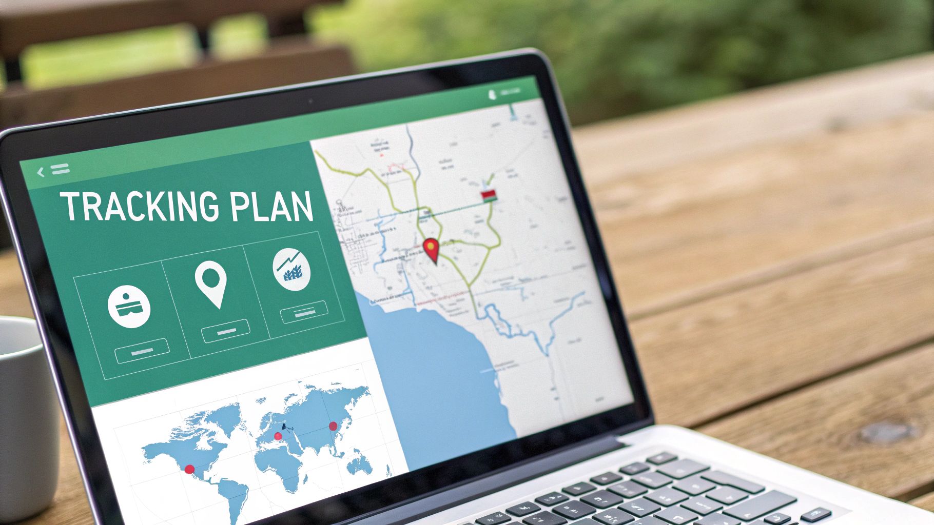A laptop screen displaying a 'Tracking Plan' interface with maps, location pins, and data visualizations.