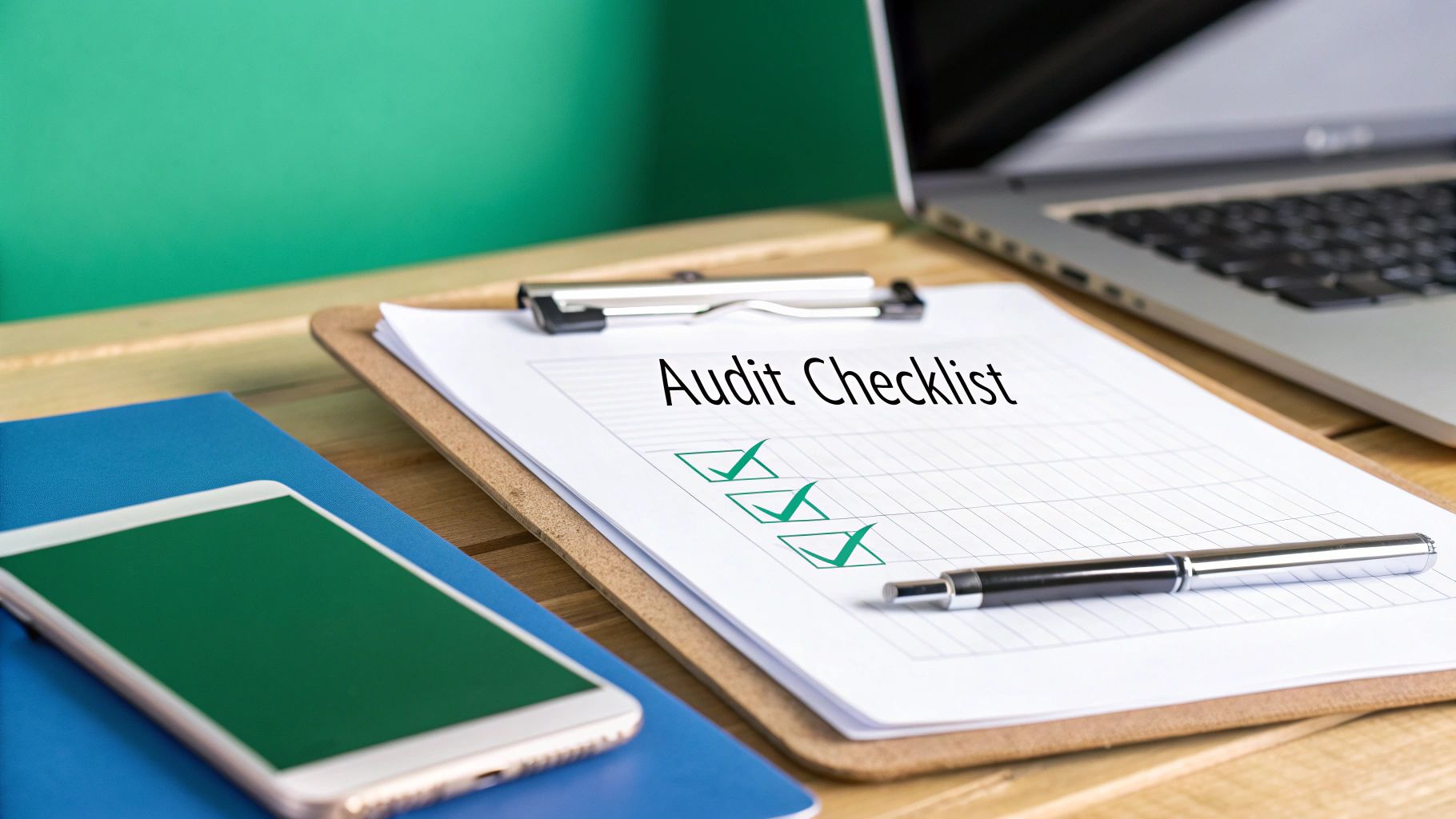 A detailed audit checklist with three green checkmarks on a clipboard, beside a pen, phone, and laptop.