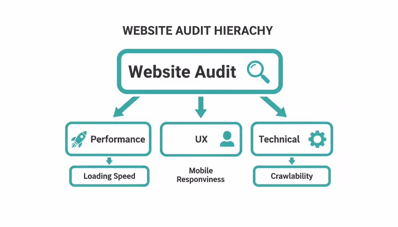 Diagram showing website audit hierarchy: performance, UX, and technical aspects with sub-components.