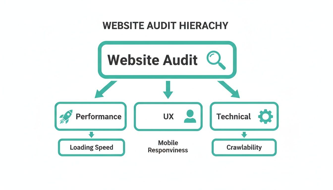 Diagram showing website audit hierarchy: performance, UX, and technical aspects with sub-components.
