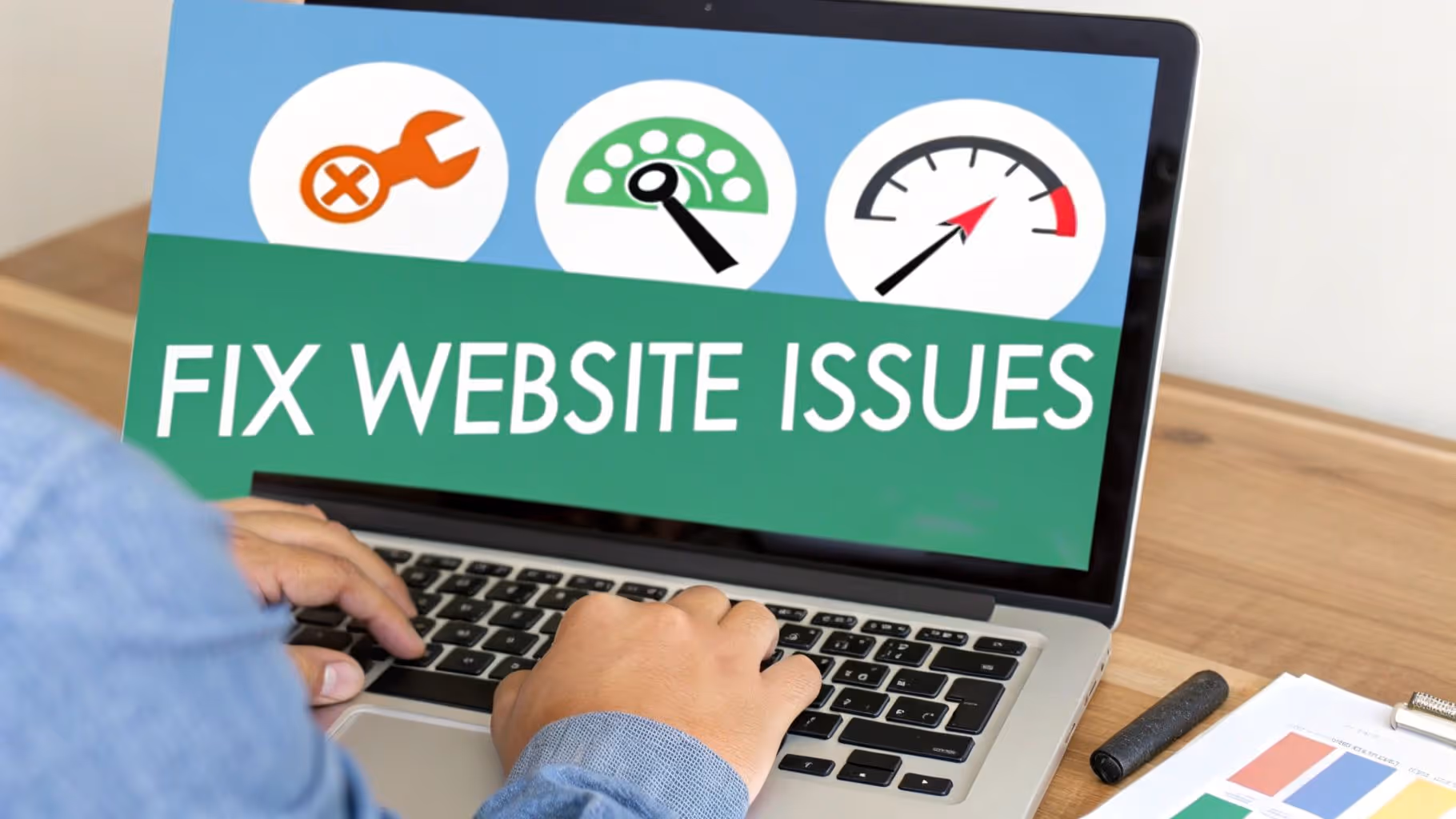 Person typing on a laptop displaying 'FIX WEBSITE ISSUES' with diagnostic and performance icons.